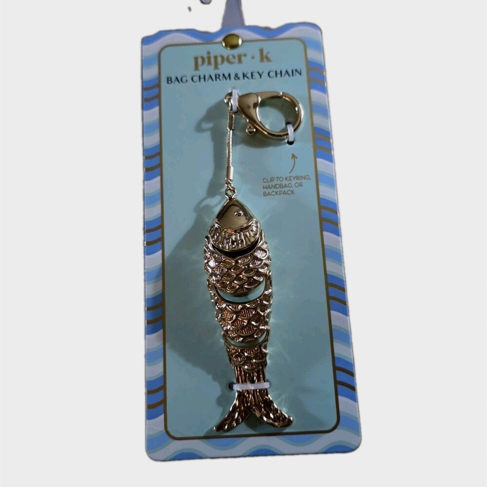 Piper K Gold Reticulated Fish Purse Bag Charm Key Chain NEW